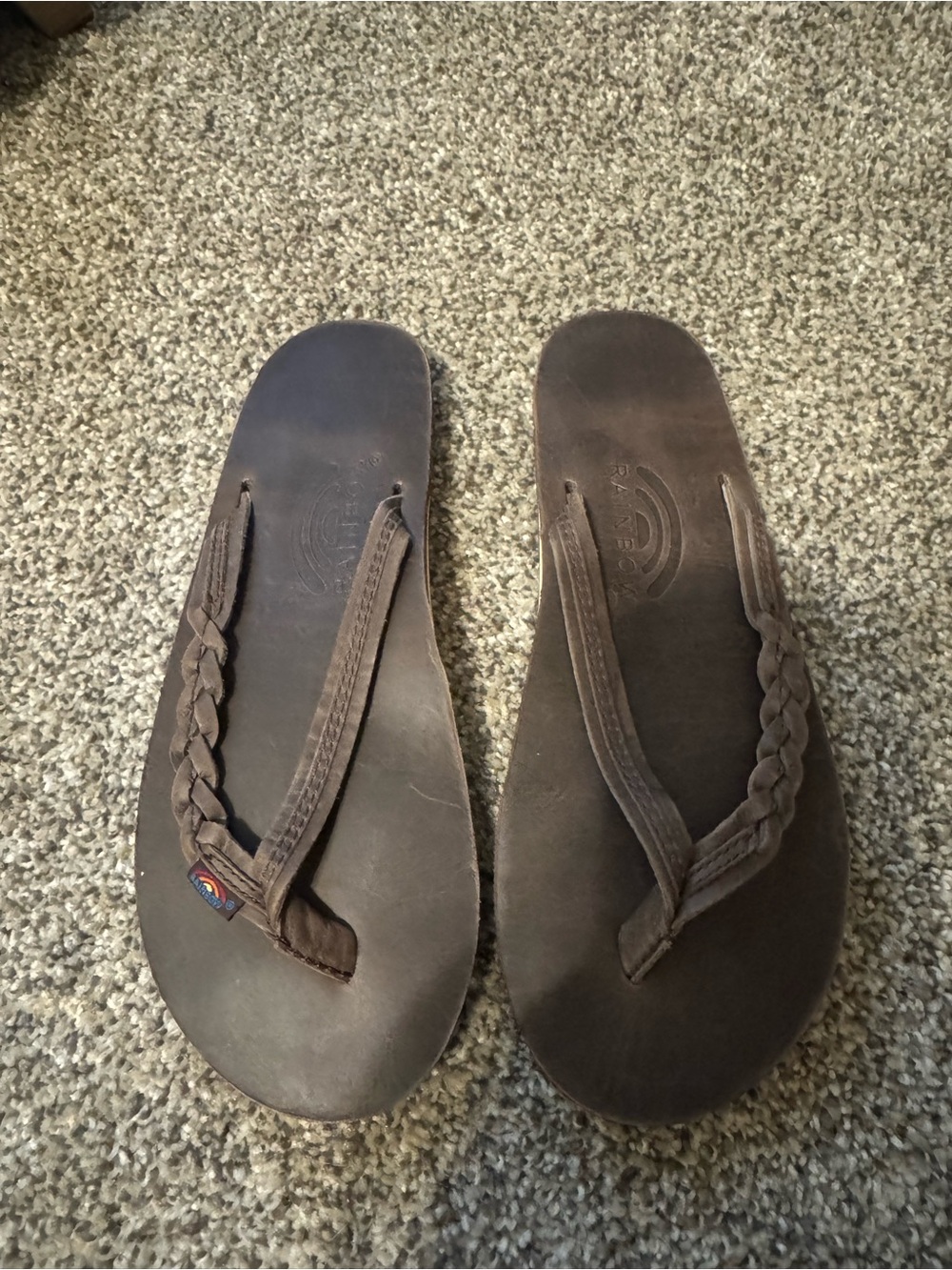 Rainbow Brown Leather Flip Flops with Braided Straps